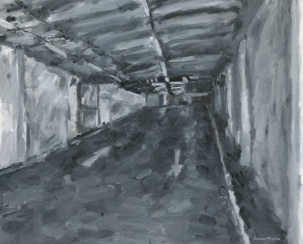 Carpark interiör nr 11, 2023 (olja på duk) av Simon Neville