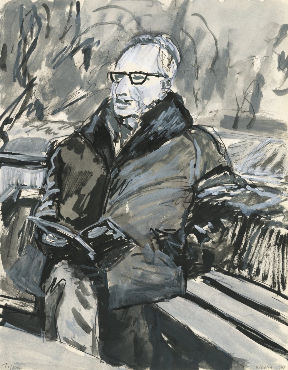 Man som läser en bok, 2019 (bläck  akrylfärgspennor på papper) av Simon Neville