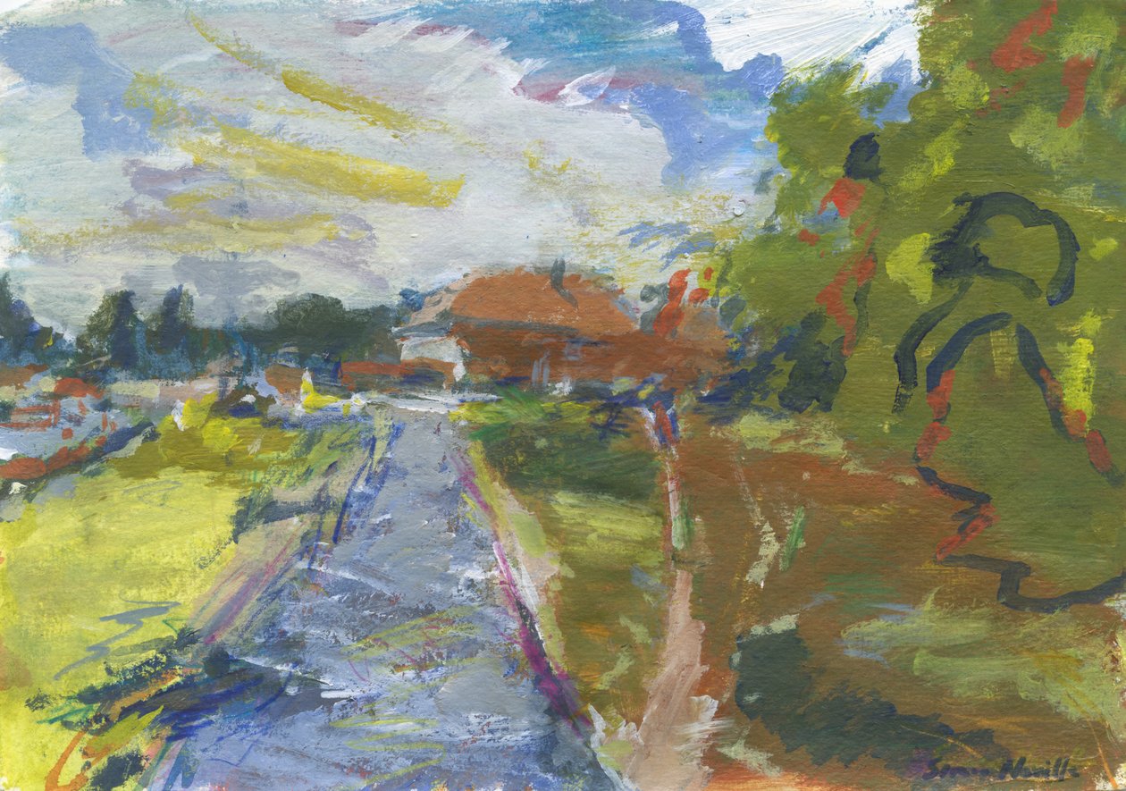 Pavenment  shortcut to houses, 2024 (akryl, akvarell, akvarellpennor  oljepastell på papper) av Simon Neville