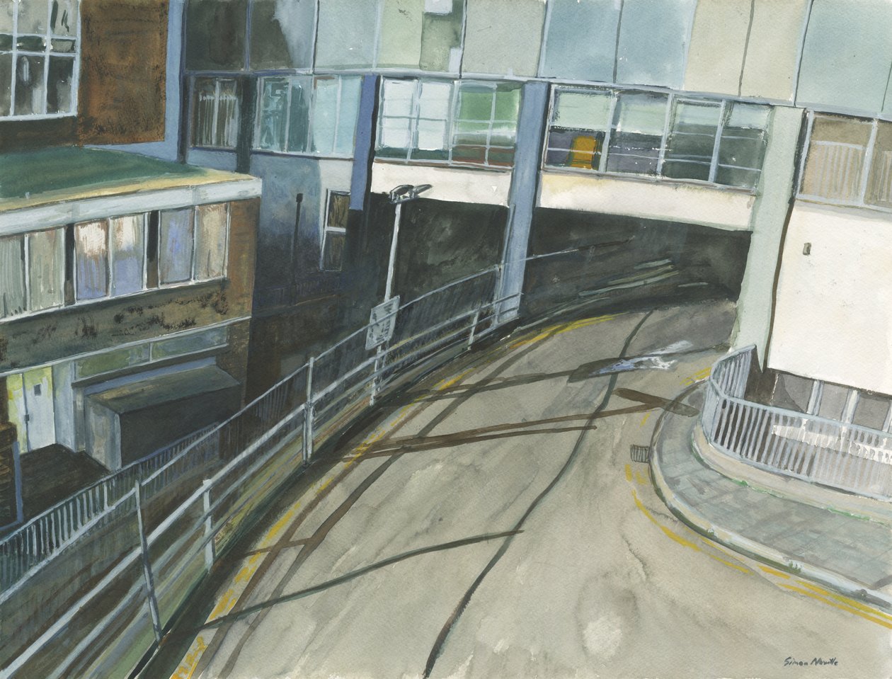 Järnvägsstationens taxientré, 2019 (akvarell  gouache på papper) av Simon Neville