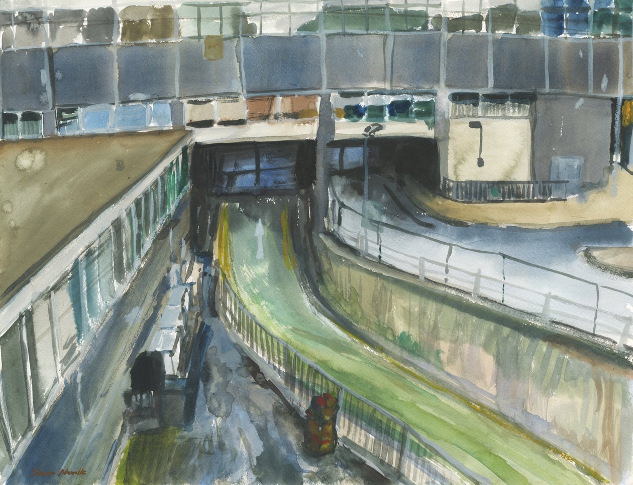 Järnvägsstationens taxiutgång, 2019 (akvarell  gouache på papper) av Simon Neville