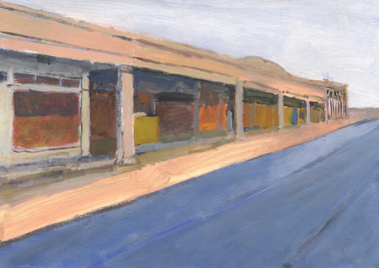 Strip mall 6, 2023 (akryl på papper) av Simon Neville
