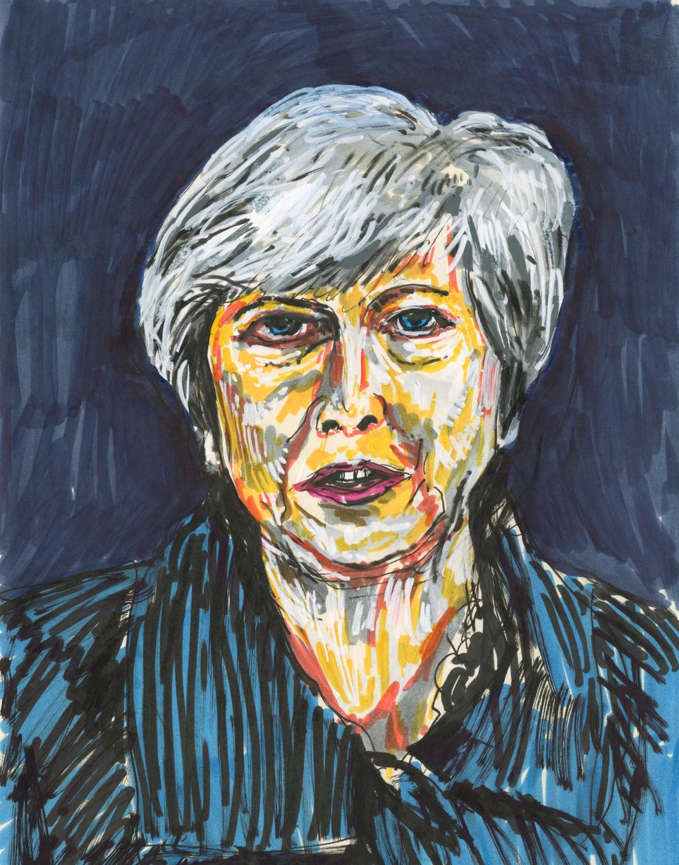 Theresa May, 2019 (bläck- och akrylfärgspennor på papper) av Simon Neville