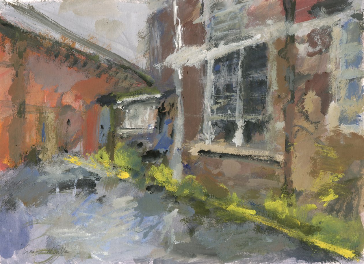 Lager- och telefonväxelbyggnad, 2023 (gouache på papper) av Simon Neville