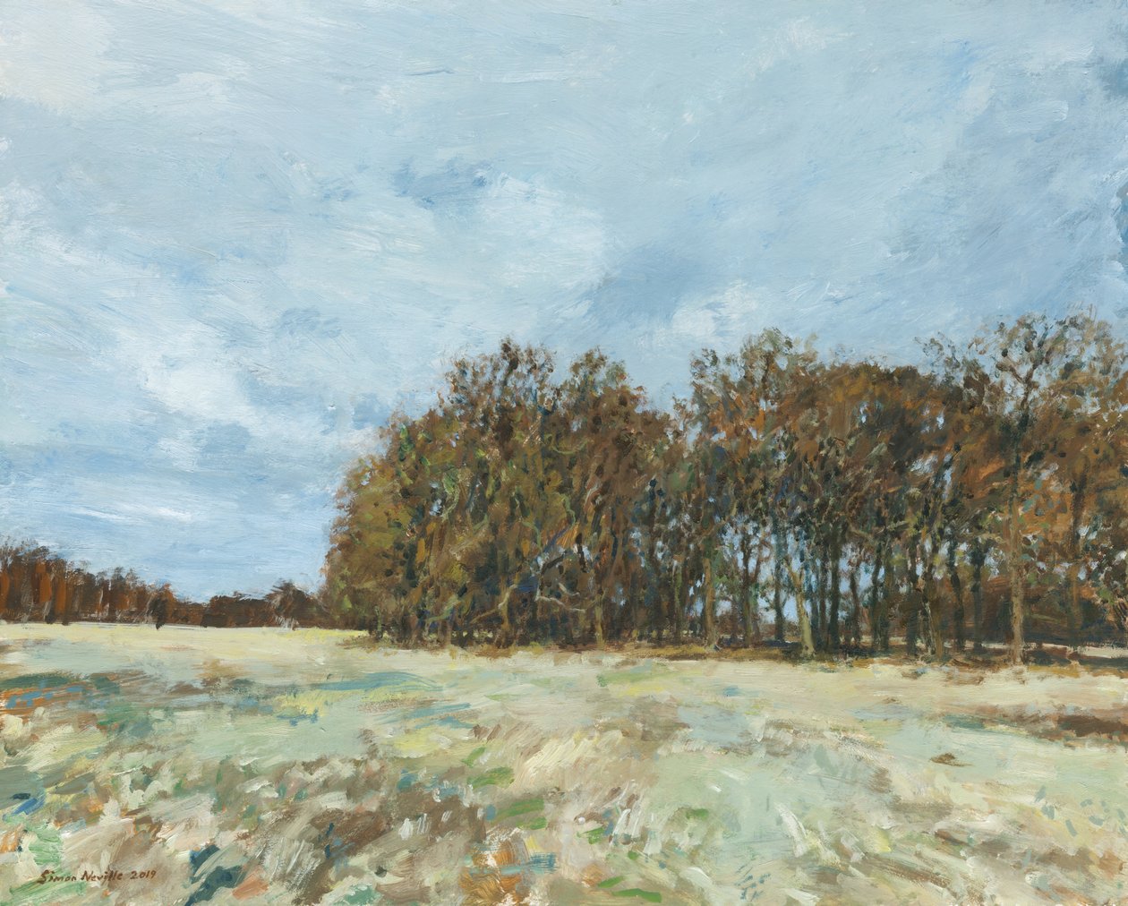 Woodland, Richmond Park, 2019 (olja på pannå) av Simon Neville