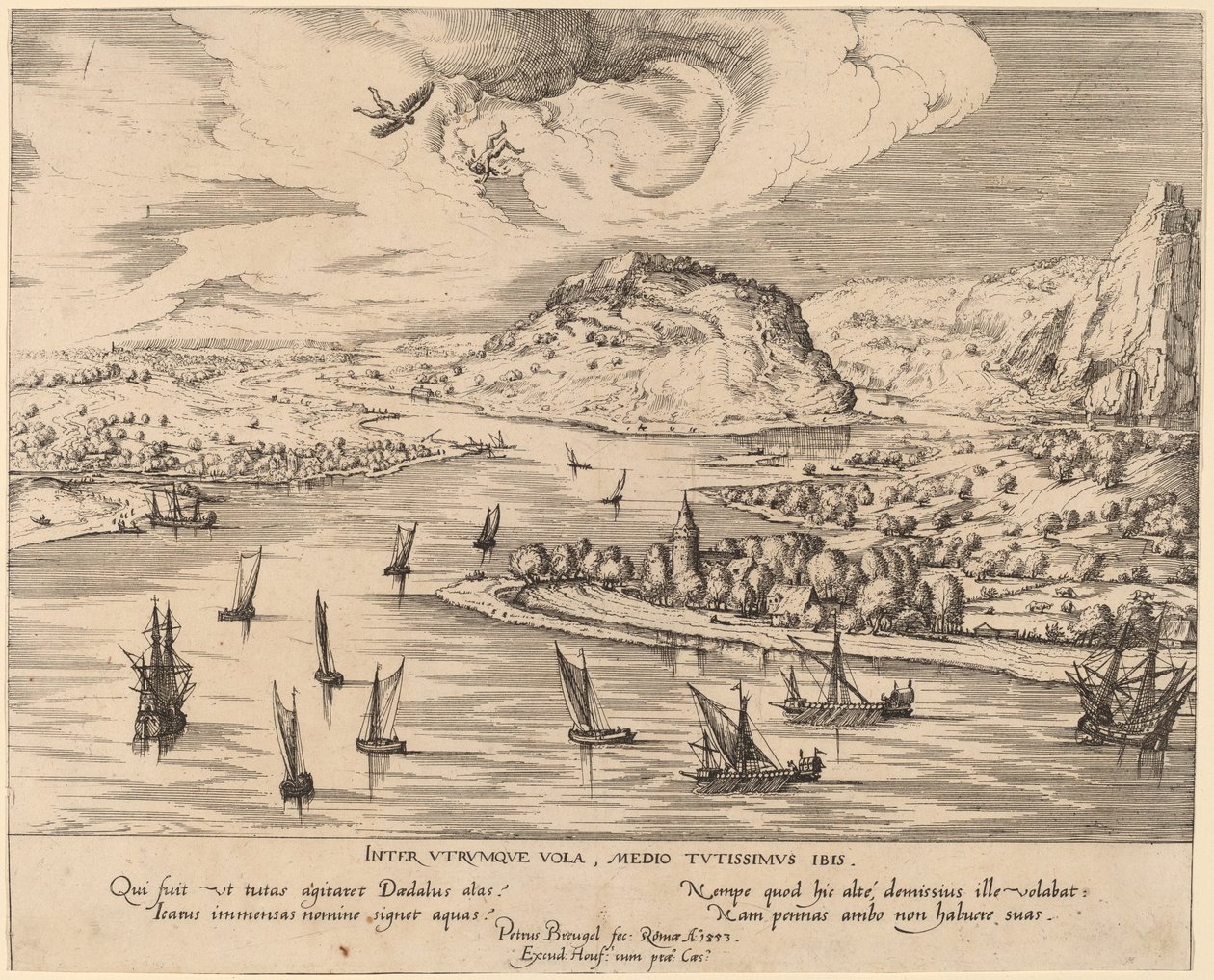 Flodlandskap med Ikaros fall av Simon Novellanus after Pieter Bruegel the Elder