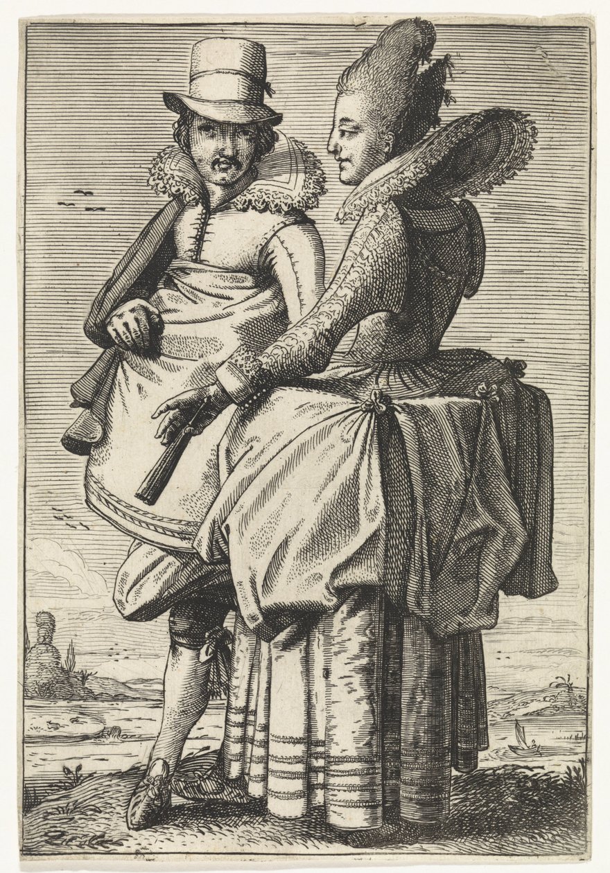 Man och kvinna klädda enligt mode från ca 1625 av Simon Poelenburg (attributed to)