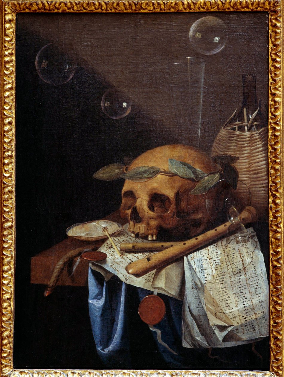 Vanite stilleben av skalle krona av lagrar, flöjter, partitur och vinkanna. Målning av Simon Bernard av Saint Andre (1613-1677) 1600-talets sön. 0,6x0,43 m Lyon, Musee des Beaux Arts av Simon Renard de Saint Andre