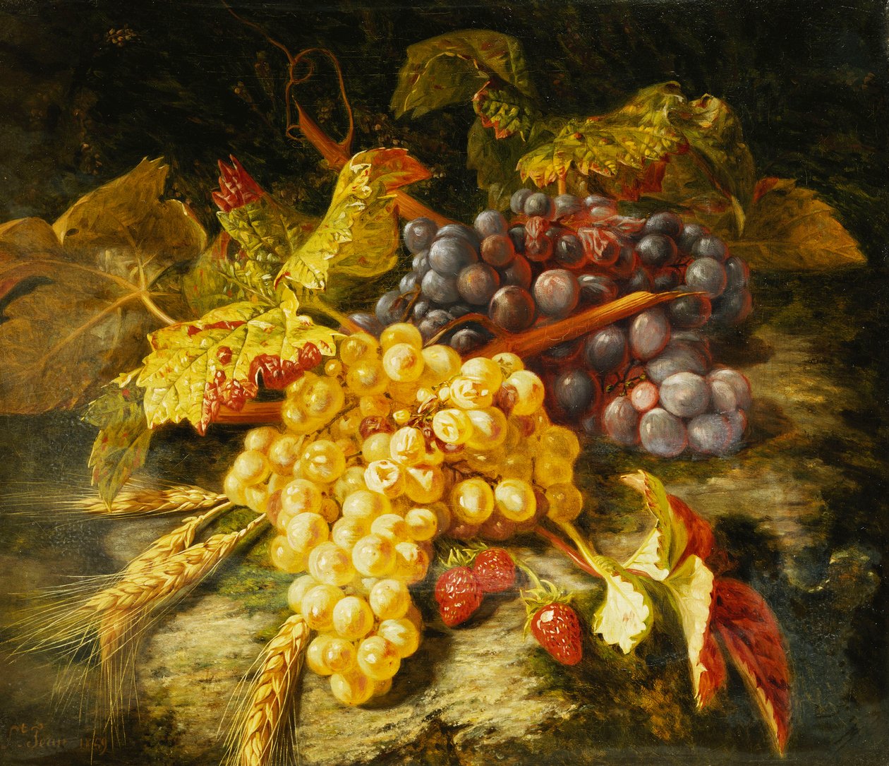 Vindruvor, skäggvete och jordgubbar på en stenig avsats, 1849 av Simon Saint Jean