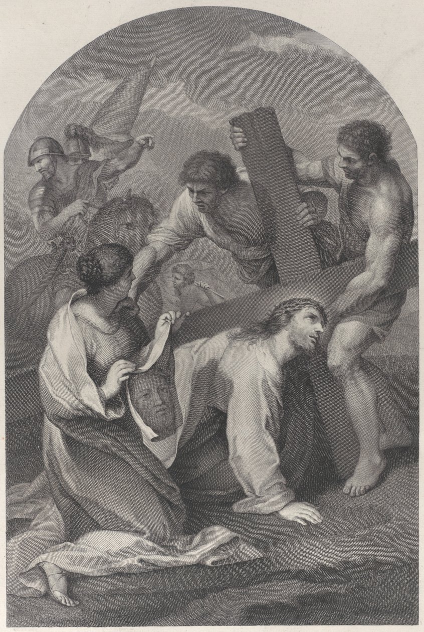 Kristus föll till marken under tyngden av korset, med två män som assisterade och ..., ca. 1729. av Simon Vallee