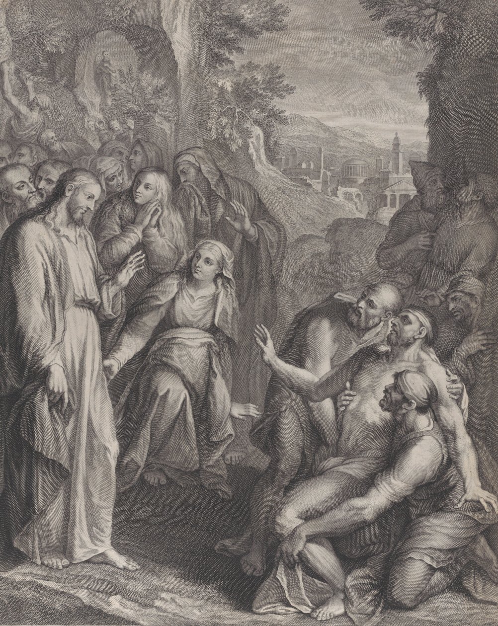 Lasarus uppståndelse, med Kristus stående till vänster, ca. 1729. av Simon Vallee