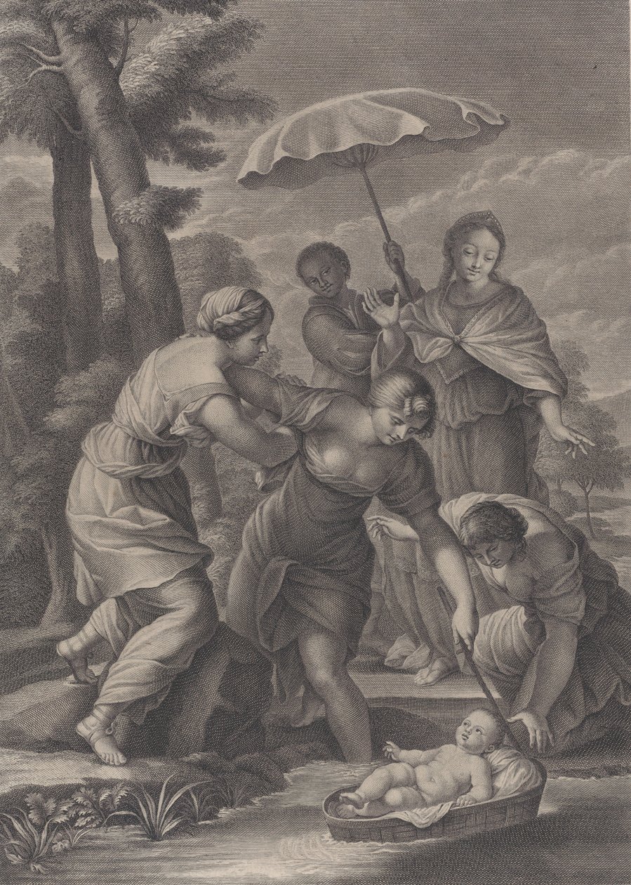 Tre kvinnor drar i korgen med spädbarnet Moses från vattnet, ca. 1729. av Simon Vallee