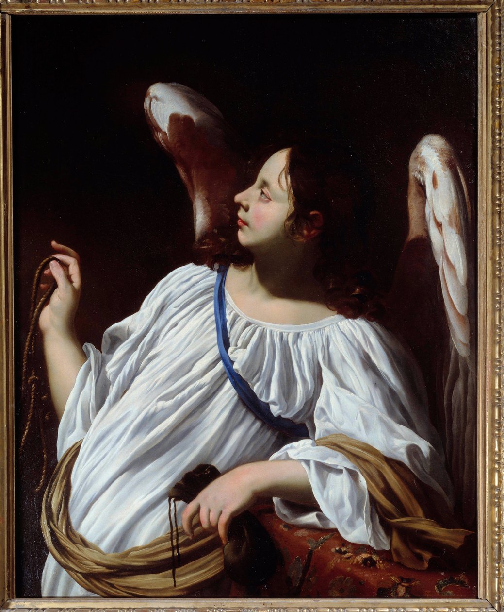 Ängeln har repet och handväskans instrument från Kristi passion. Detalj av en målning av Simon Vouet (1590-1649) Privatsamling från 1600-talet av Simon Vouet