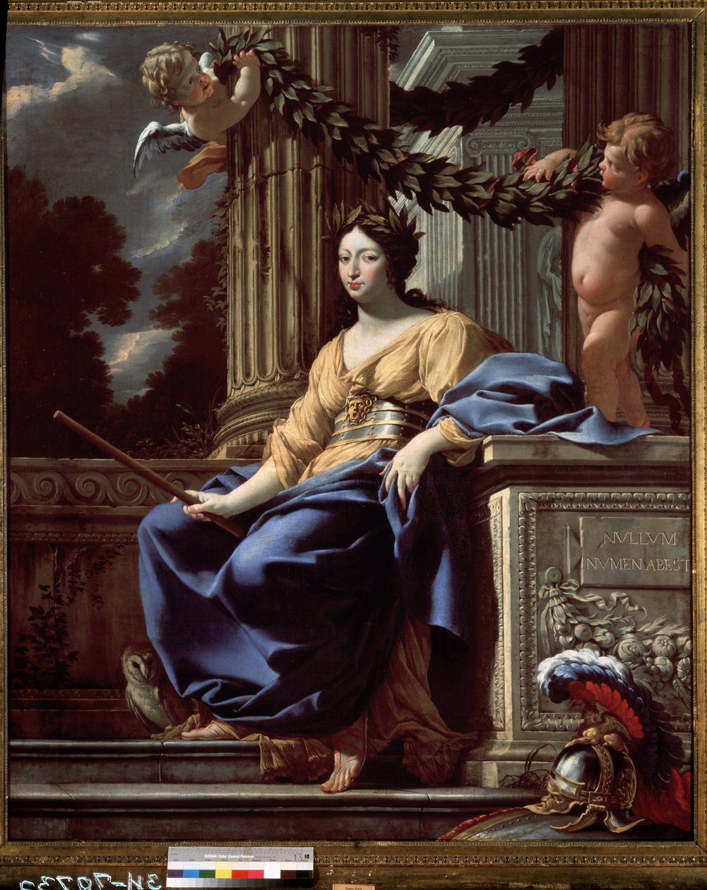 Allegoriskt porträtt av Anne av Österrike (1601-1666) (Allegoriskt porträtt av Anne av Österrike). Drottningen av Frankrike representerad som gudinnan Minerva (Athena) omgiven av sina attribut (hjälm, sköld, uggla och bälte med Medusas mask). registrering av Simon Vouet