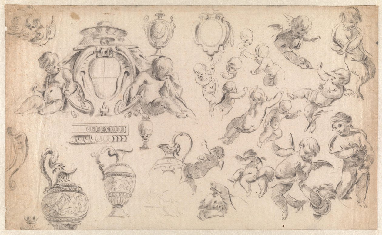 Studie för en dekoration med putti och ornament av Simon Vouet