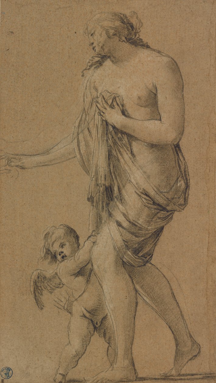Studie till figurerna Venus och Amor (recto); Studie till en manlig nakenbild (verso) av Simon Vouet