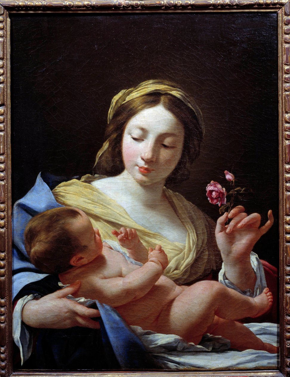 Jungfrun ett barn och en rosmålning av Simon Vouet (1590-1649) 1627 Sön. 0,8x0,62 m Marseille, Musee des Beaux Arts av Simon Vouet