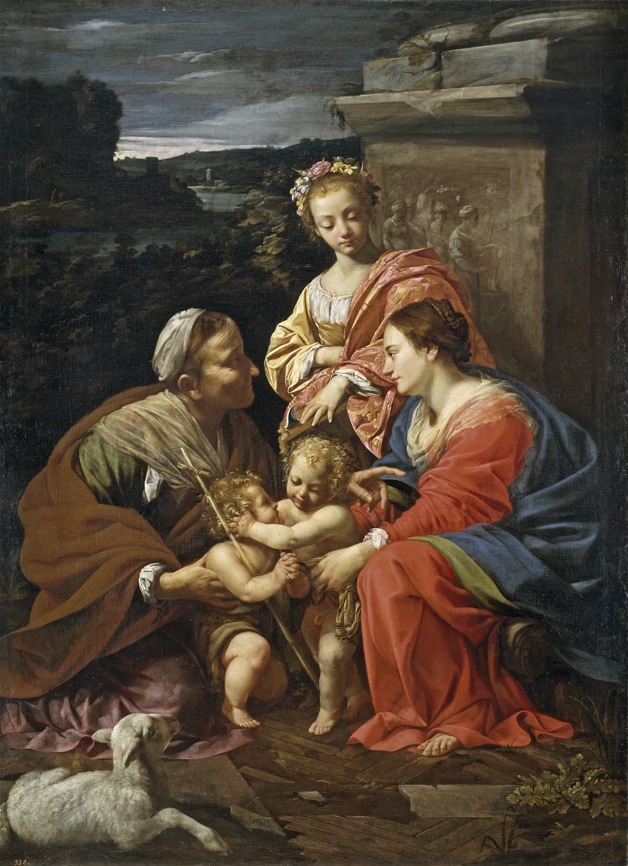 Jungfru och barn med Johannes Döparen som pojke, Saint Elizabeth och Saint Catherine, 1625-1626 av Simon Vouet