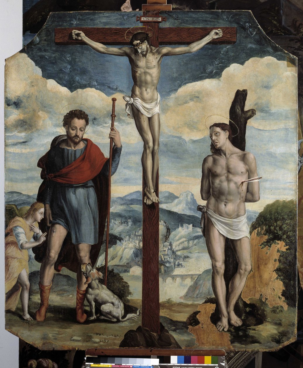 Korsfästelse med St. Roch och St. Sebastian (olja på trä) av Simon de Châlons
