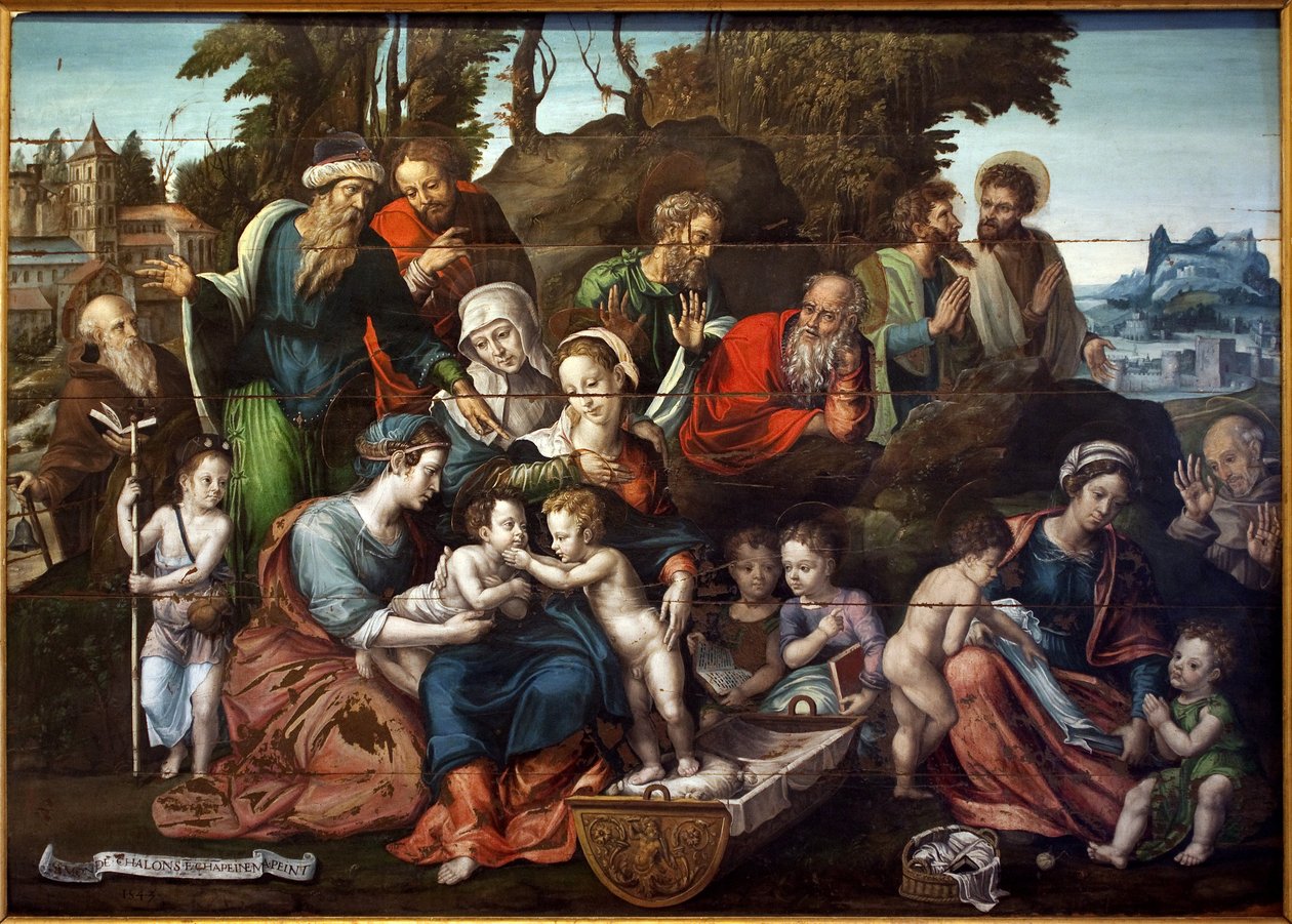 Den helige föräldern. (Saint Anne, omgiven av sina tre på varandra följande män, Salome (blå tunika, med spetsigt pekfinger), Cleophas (med röd rock, far till Marie Cleophas) och Joachim, jungfruns far (röd rock, huvudet vilande på näven) I cen av Simon de Châlons