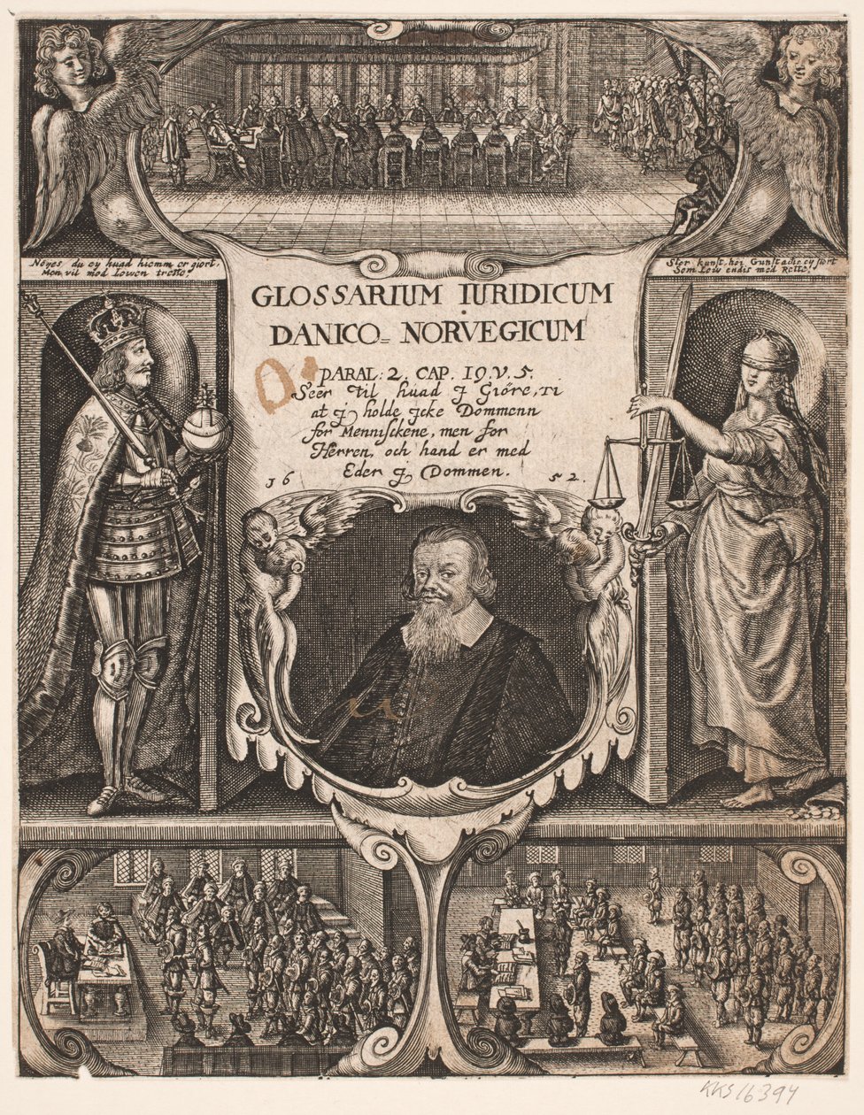 Titelsida med porträtt av C.O. Veile till "Glosarium juridicum Danico - Norvegicum", 1652 av Simon de Pas