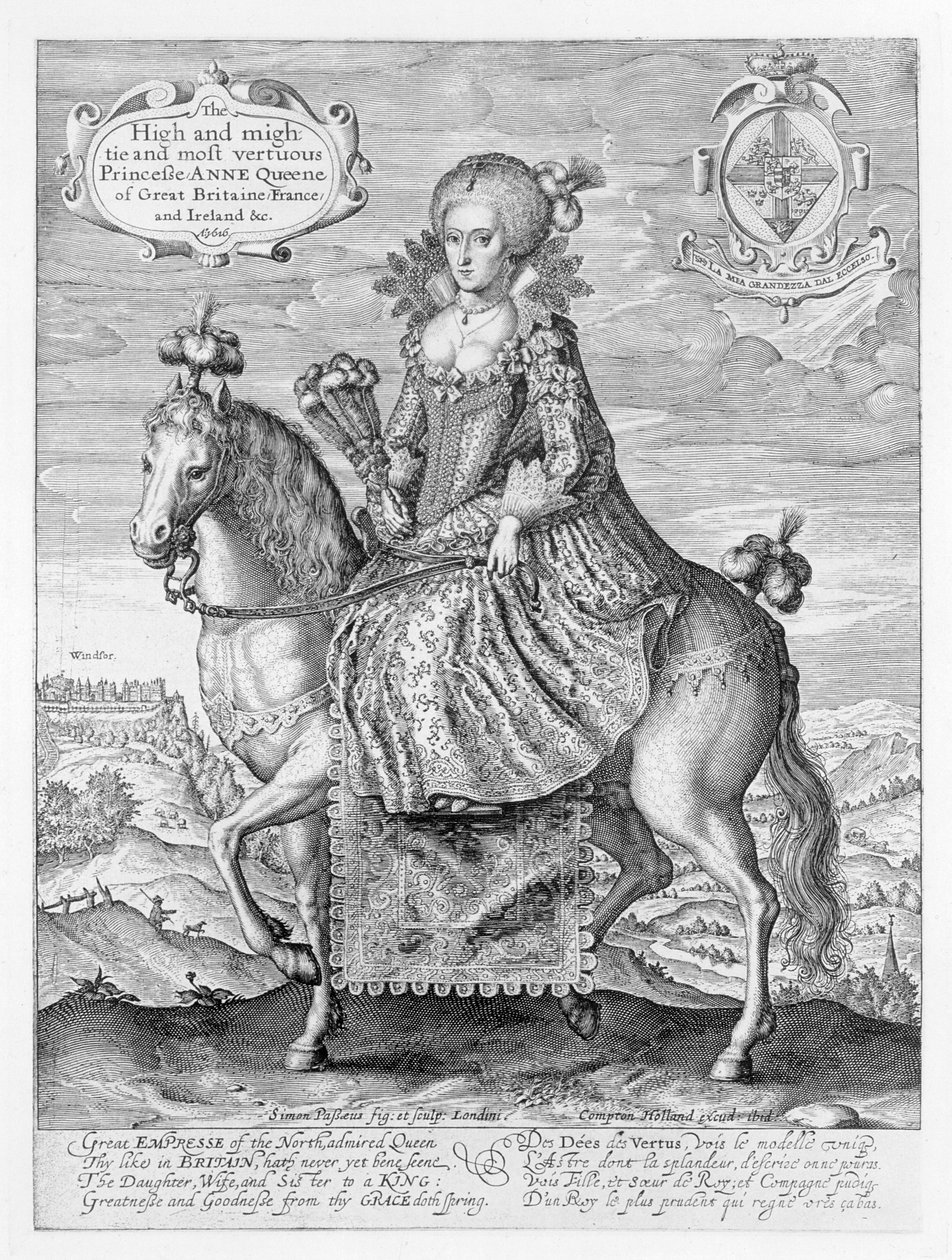 Ryttarporträtt av Anne av Danmark (1574-1619), graverat av konstnären, publicerat av Compton Holland, 1616. av Simon de Passe