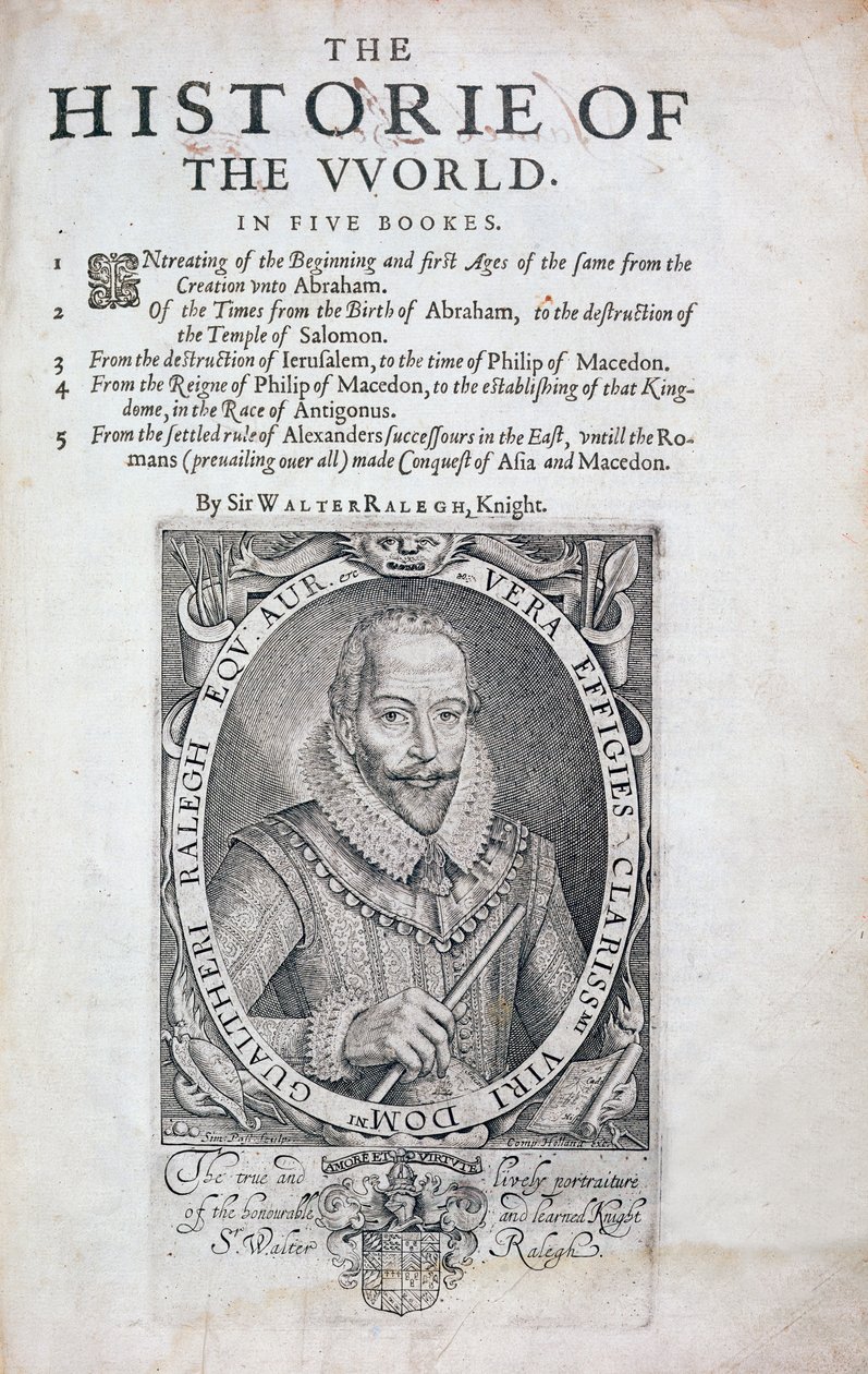 Titelsida från The Historie of the World av Sir Walter Raleigh, 1600-talet av Simon de Passe