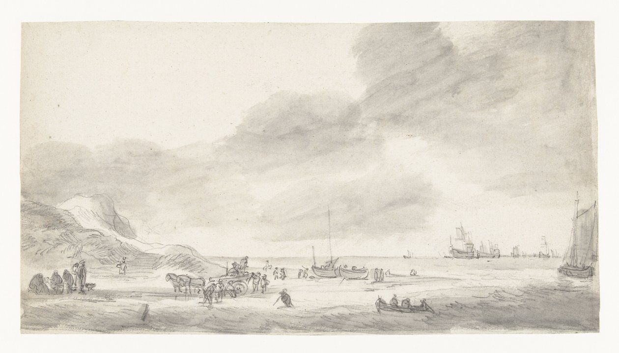 Strandscen med skalfiskare och vandrare av Simon de Vlieger (possibly)