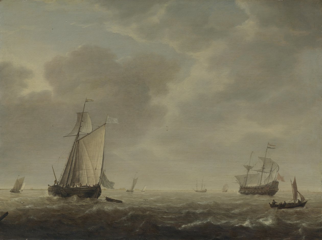 En holländsk krigsman och olika fartyg i en bris, ca. 1640 av Simon de Vlieger