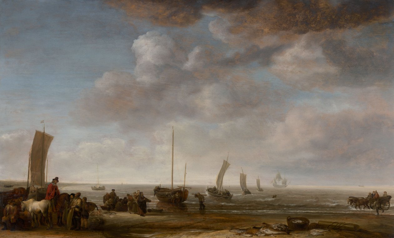 Fiskare och andra gestalter på en strand av Simon de Vlieger
