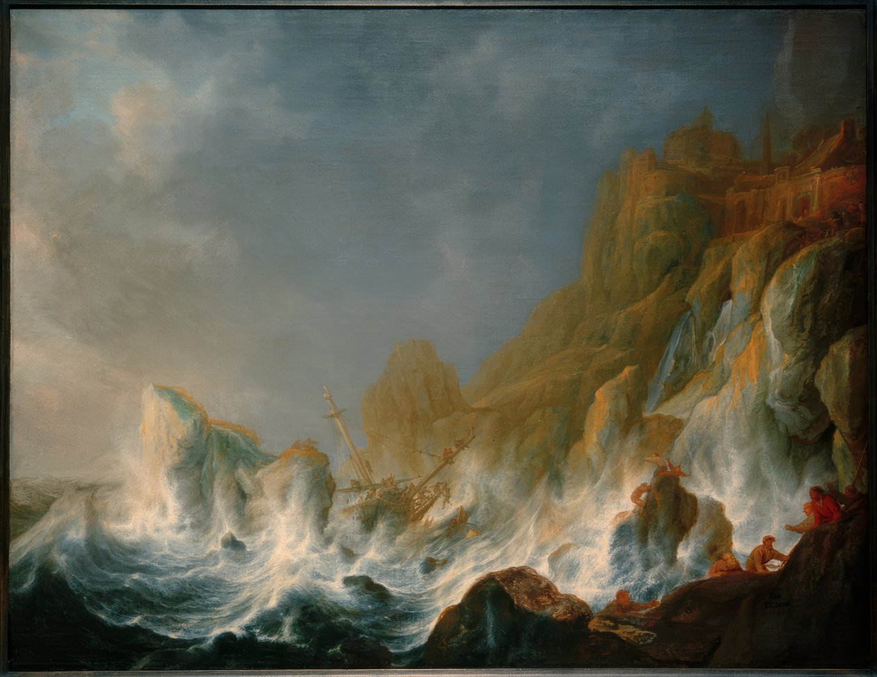 Skeppsbrott i en havsstorm på en stenig kust av Simon de Vlieger