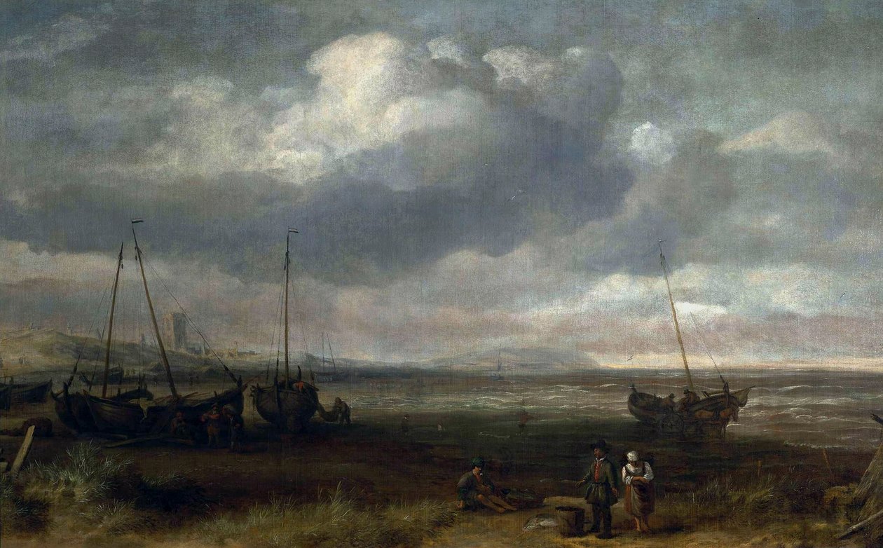 Havskusten i Scheveningen med fiskebåtar av Simon de Vlieger
