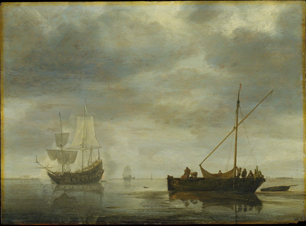 Enmastat fartyg och fregatt avfyrar salut på ett lugnt hav av Simon de Vlieger