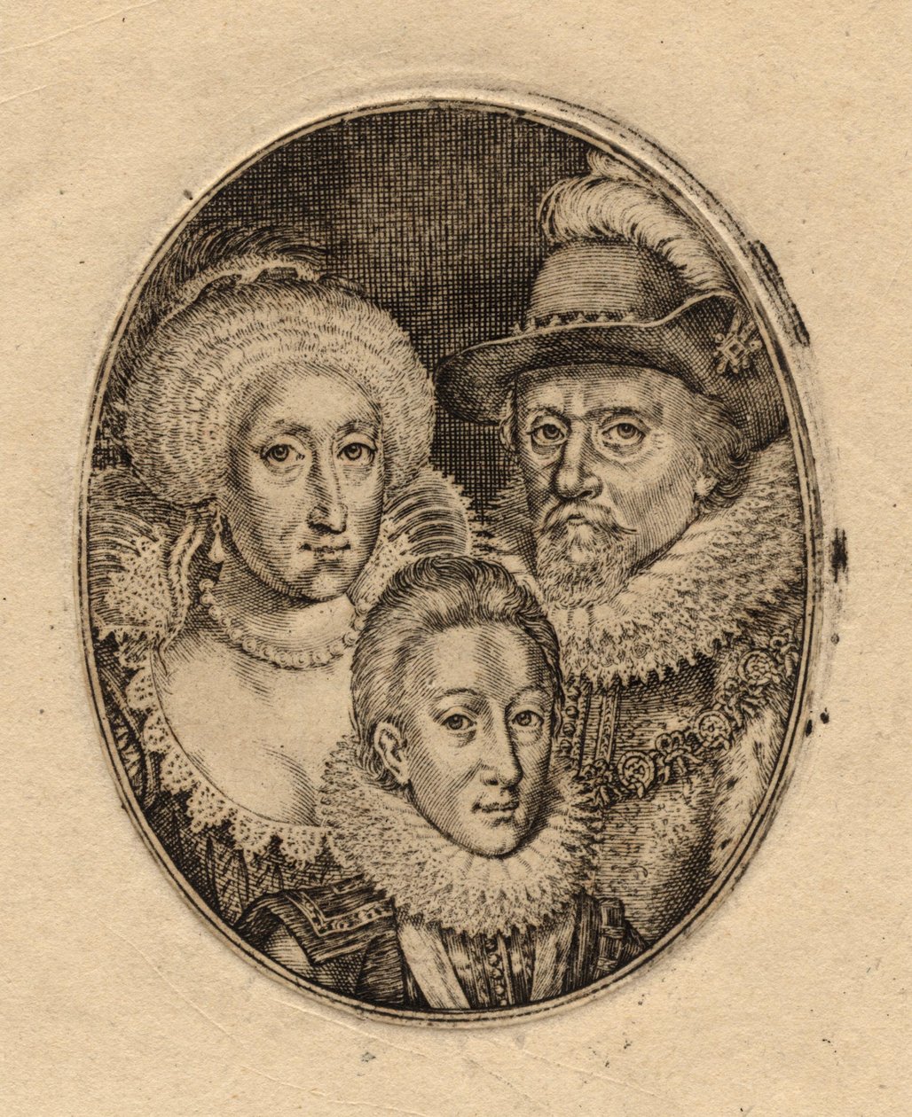 Anne av Danmark; kung Karl I prins av Wales; kung Jakob I av England och VI av Skottland av Simon De Passe (2) av Simon van de Passe