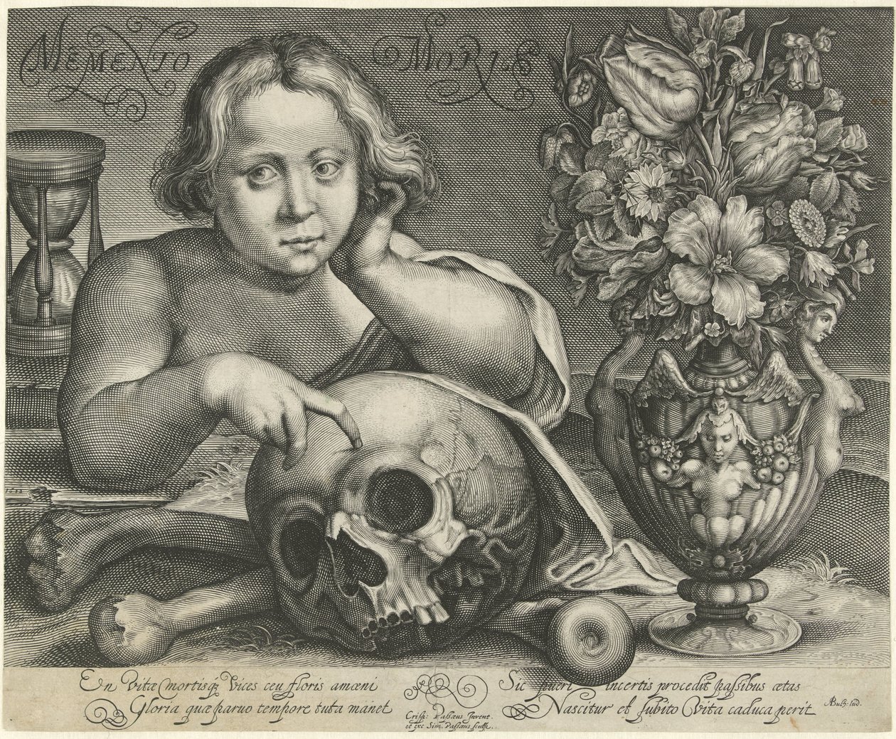 Barn med skalle (Vanitas) Memento Mori (titel på objekt) av Simon van de Passe