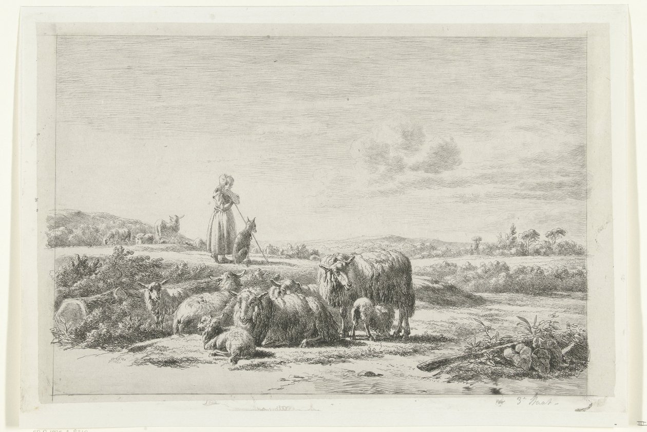 Landskap med en herdinna och hund med en flock får av Simon van den Berg