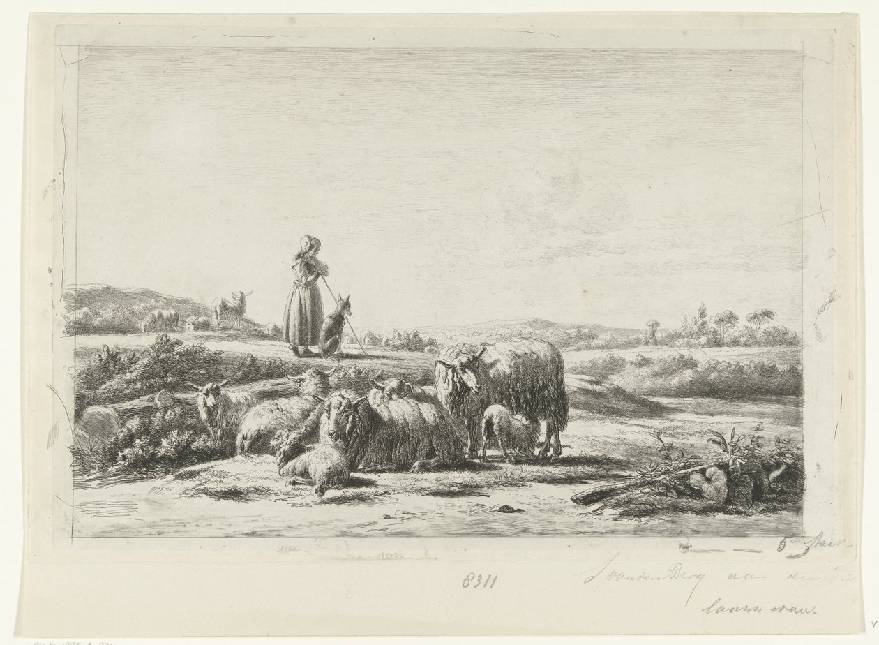 Landskap med en herdinna och hund med en flock får av Simon van den Berg