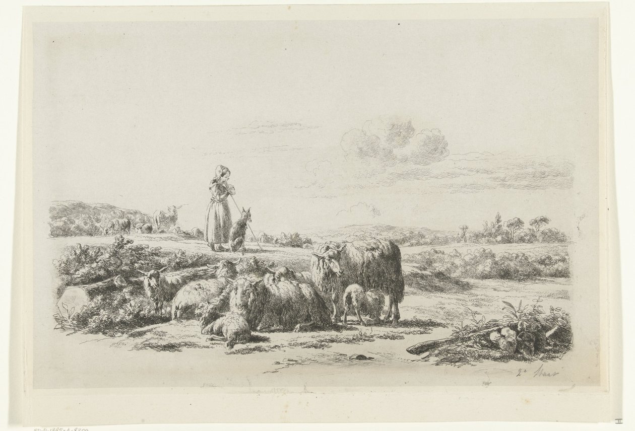 Landskap med herdinna och hund med flock får av Simon van den Berg