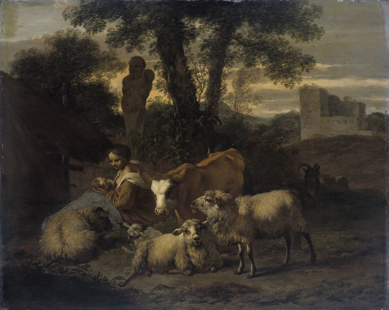 Italienskt landskap med herdinna och flockar av Simon van der Does