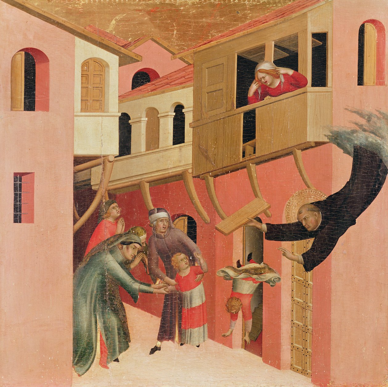 Polyptyk av den välsignade Agostino Novello och fyra berättelser om hans liv, detalj av den vänstra panelen på Agostino Novello som räddar ett barn när det faller från en balkong, ca 1328 (tempera på panel) av Simone Martini
