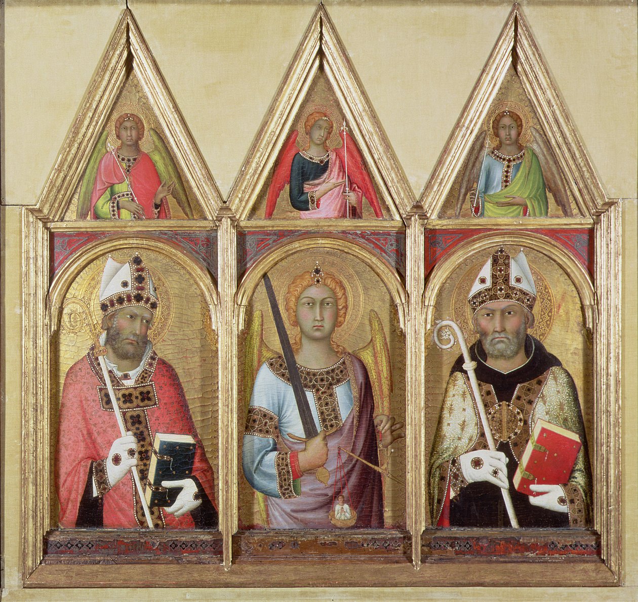 St. Geminianus, St. Michael and St. Augustine, c.1319 (tempera med guld på panel) (detaljer 58834 och 58836) av Simone Martini