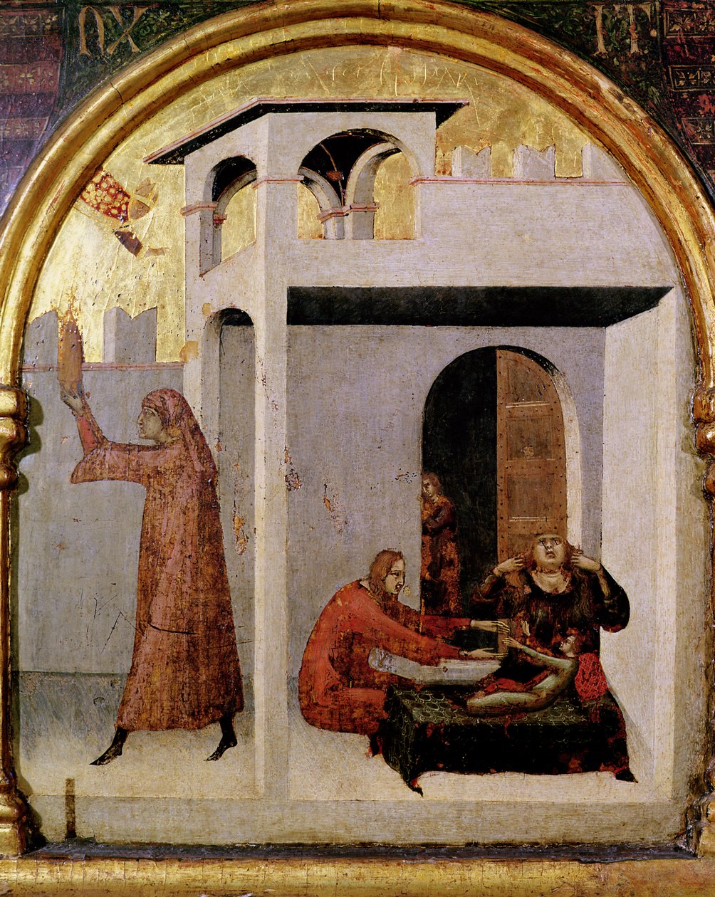St. Louis av Toulouse (1274-97) dyker upp vid sängkanten av ett sjukt barn, predellapanel från altaret i St. Louis av Toulouse, 1317 (tempera på panel) av Simone Martini