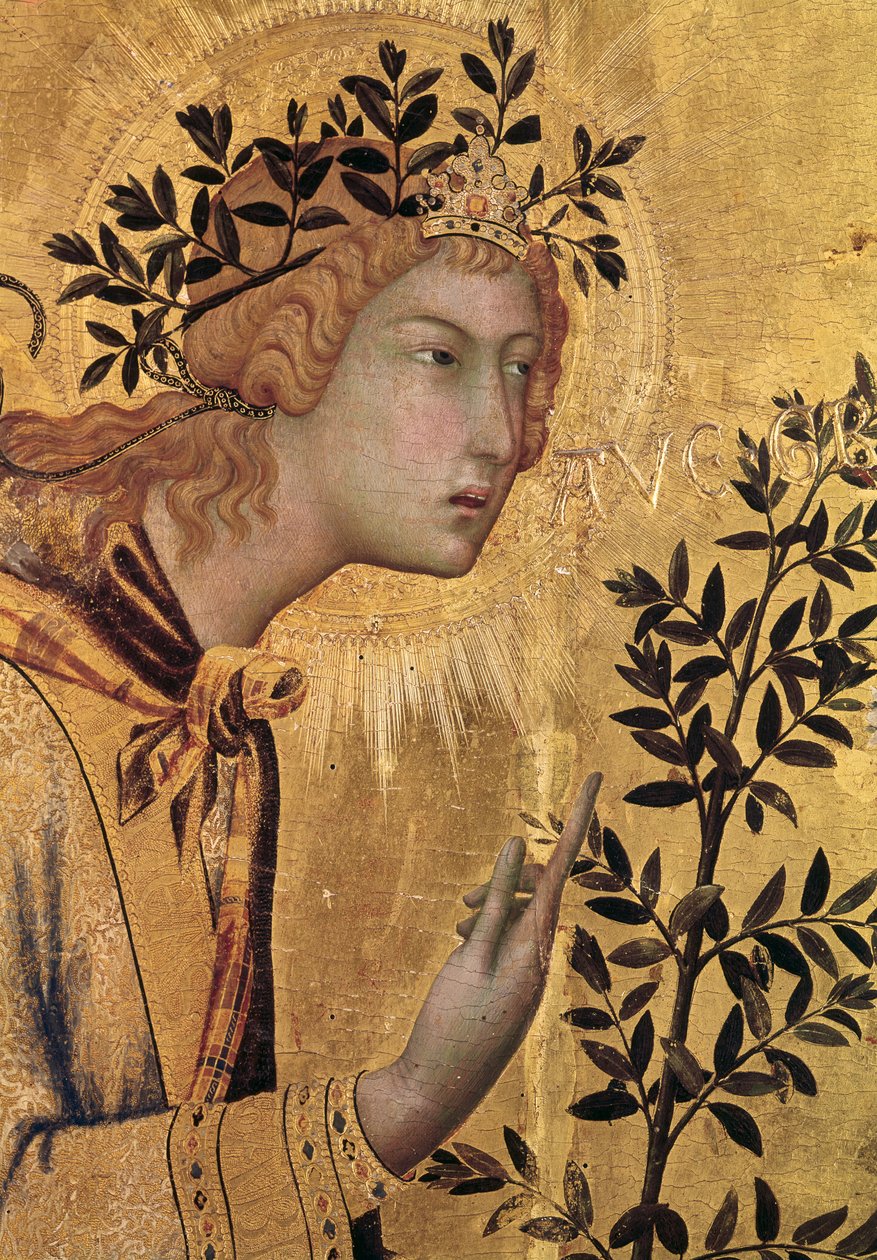 Bebådelsen med St. Margaret och St. Asano, detalj av ärkeängeln Gabriel, 1333 (tempera på panel) (detalj av 50322) av Simone Martini