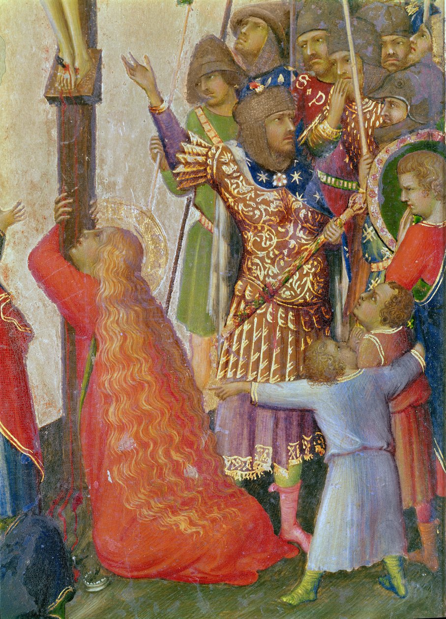 The Strike of the Lance-detalj av gruppen som omger Maria Magdalenas tempera på panelen av Simone Martini