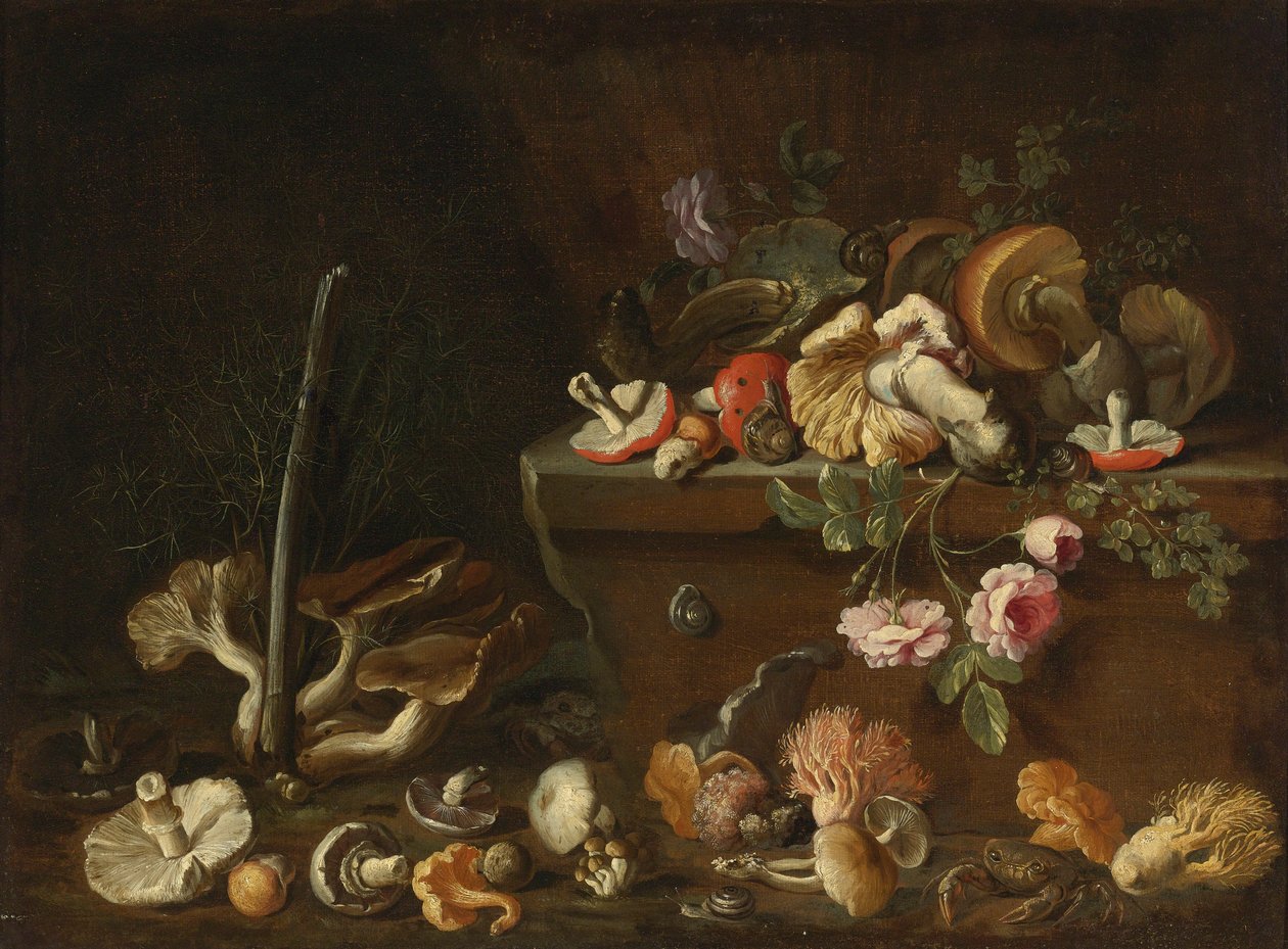 Stilleben med svamp och blommor av Simone del Tintore
