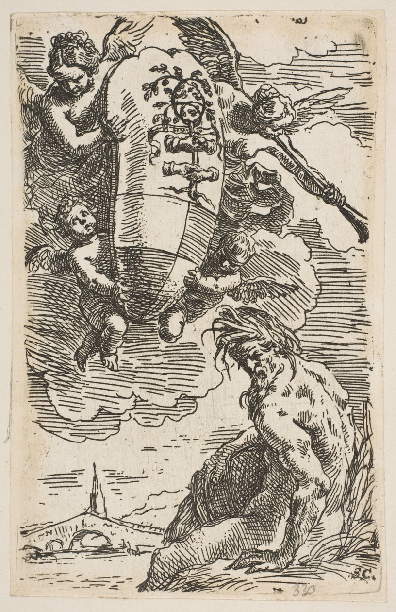Allegori över Foglia-floden med staden Pesaros vapensköld, frontispice för ..., ca. 1639. av Simone Cantarini