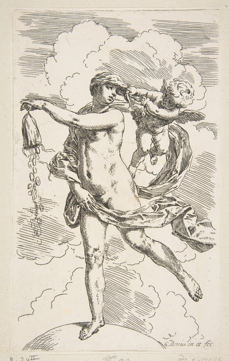 Förmögenhet som står på en jordglob och tömmer en plånbok på mynt, ca. 1635-1636. av Simone Cantarini