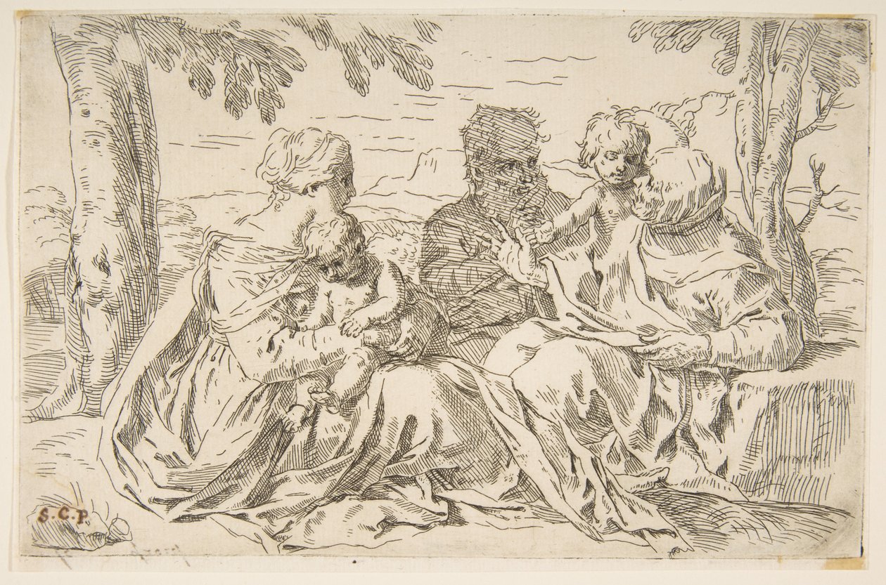 Helig familj med Saint Elizabeth och Saint John the Baptist, ca. 1639. av Simone Cantarini
