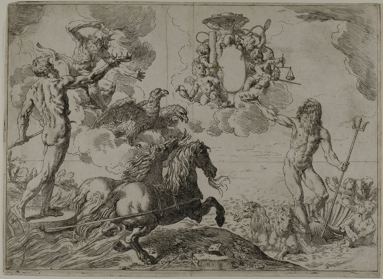 Jupiter, Neptunus och Pluto erbjuder sina kronor till kardinal Borgheses armar av Simone Cantarini