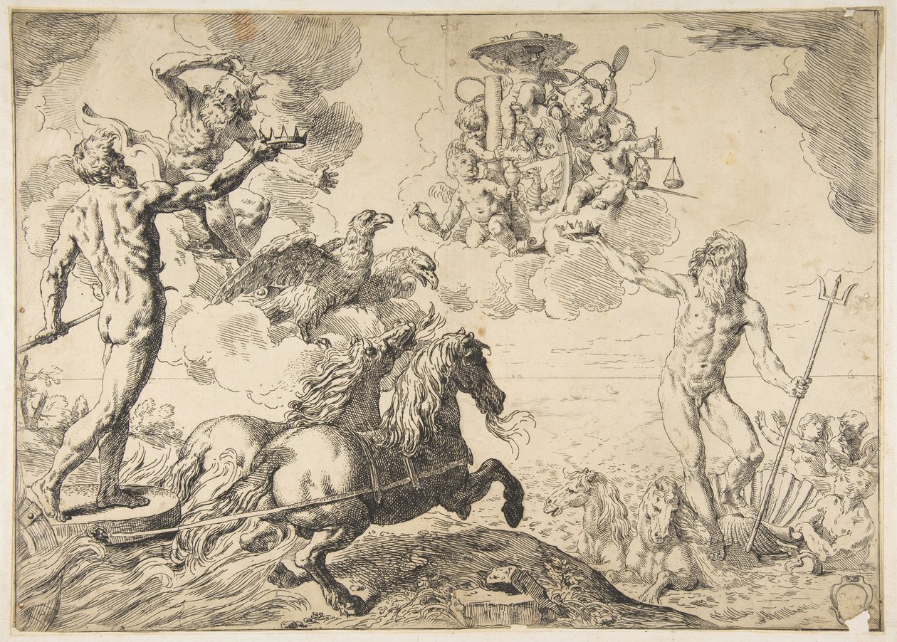 Jupiter, Neptunus och Pluto erbjuder sina kronor till kardinal Borgheses armar, 1642-43. av Simone Cantarini